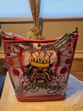 Ed Hardy Beach PVC Red, White & Yellow Crowned Bulldog Tote❤️❤️  NEW